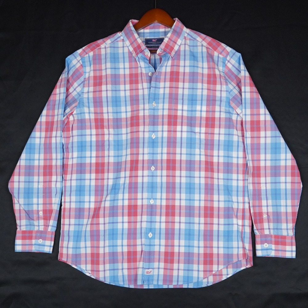 Vineyard Vines Murray Shirt Mens L Blue Pink Plaid Button Down Classic Cotton